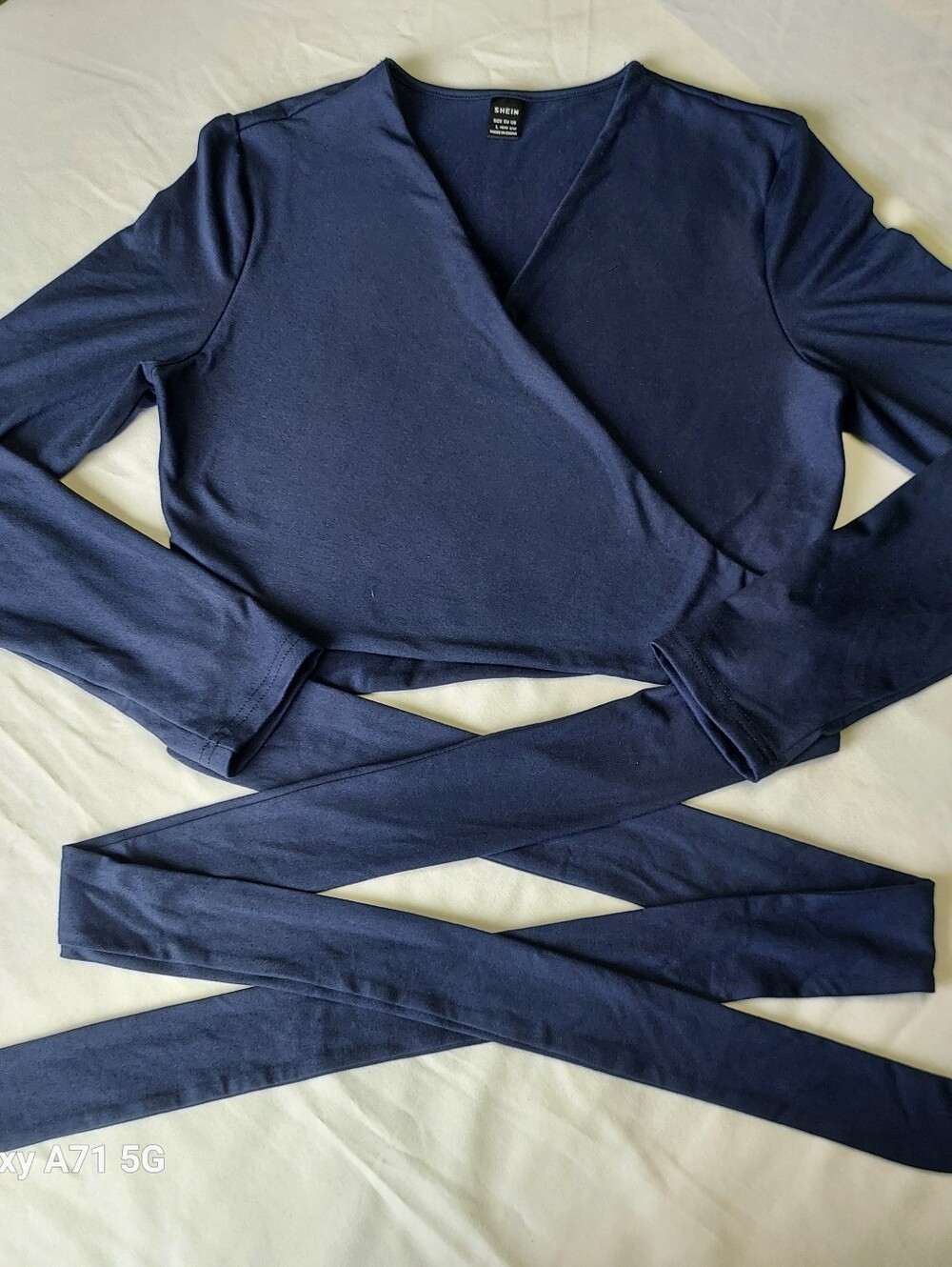 Navy Wrap-Style Long Sleeve Crop Top with Waist Ties - Picture 5 of 8